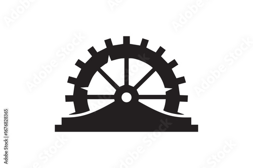 Black Silhouette of a Watermill Wheel on a Base for Industrial or Nature Designs