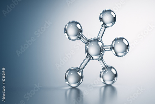 A 3D rendered transparent molecule model made of glass-like spheres connected by rods, set against a smooth blue gradient background. The image represents molecular science, chemistry, nanotechnology
