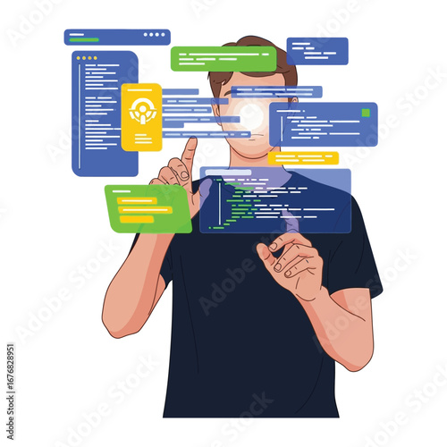 Digital Interaction: A conceptual representation of a man engaging with cutting-edge digital interfaces, surrounded by a flurry of information. The image speaks to innovation.
