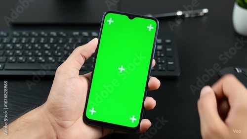 Close up shot of a person holding a smartphone with green screen display, finger pointing at the screen. Office desk background with keyboard, mouse, and pen. Perfect mockup for mobile apps, websites,