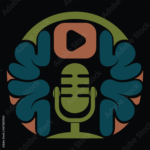 Abstract circular logo with a microphone headphones and play button symbolizing podcasting and audio content creation