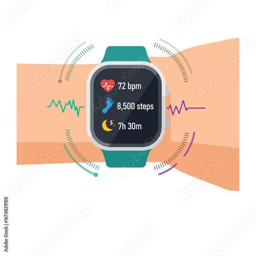 Fitness Tracker Insight: An up-close, digital illustration captures a wrist-worn fitness tracker, displaying vital health metrics such as heart rate, step count, and sleep duration.