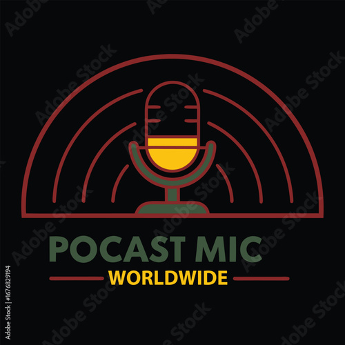 Retro microphone with sound waves and podcast mic worldwide text on black background