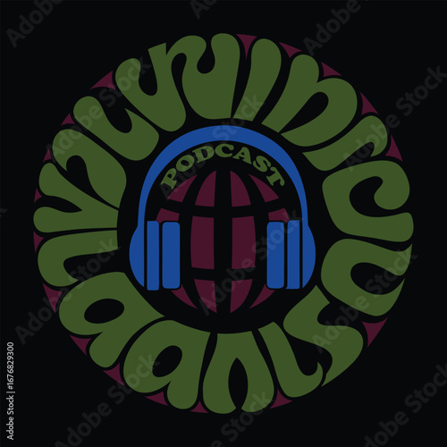 Psychedelic podcast logo with headphones and globe in retro groovy font style