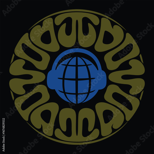 Retro psychedelic circular emblem featuring a stylized globe with headphones in the center surrounded by text