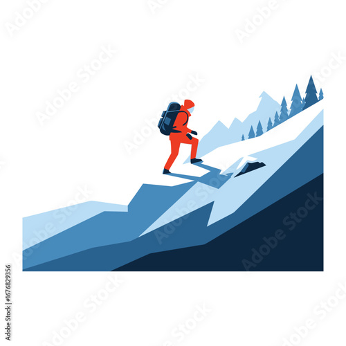 Ascending the Peak: A determined solo climber, clad in vibrant orange, embarks on a challenging ascent up a majestic, snow-covered mountain.