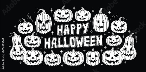 Happy Halloween coloring page with spooky pumpkins, hand drawn cute Halloween coloring sheet vector illustration