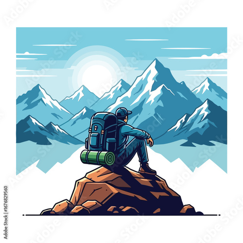 Contemplative Explorer Amidst Mountain Majesty: A solo traveler pauses to soak in the stunning vista of towering peaks. Resting on a stone outcropping, bathed in the serene glow of the sky.