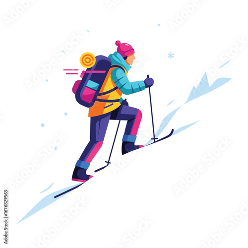 Adventure in the Snow: An illustrated individual skis up a snowy mountain slope, bundled up and carrying a backpack, embodies the spirit of winter exploration and the allure of outdoor adventures.