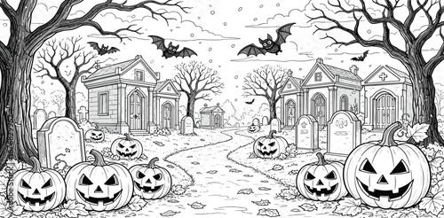 Seamless background from scary old cemetery with Halloween pumpkins and bats outlined for coloring page