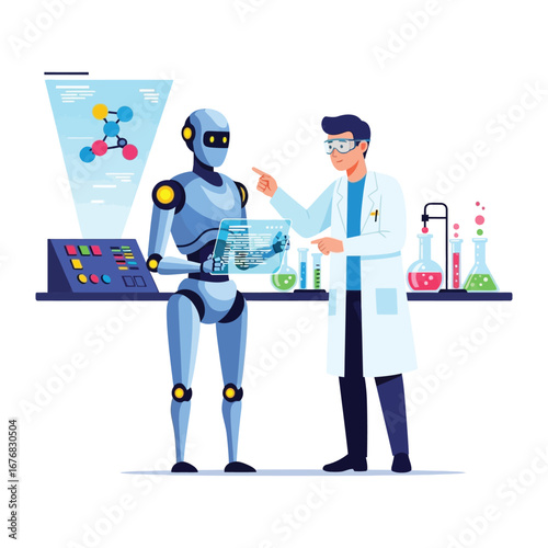 The Scientist and the Robot: In a modern laboratory, a scientist collaborates with a sleek, advanced robot, symbolizing the cutting edge of scientific exploration and technological advancement.