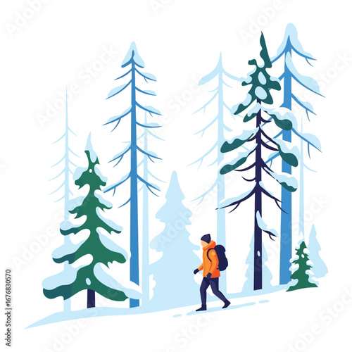 Winter Explorer in Forest: An illustrated explorer fearlessly forges his path through a snow-laden forest, the scene exuding the solitude and challenge of winter wilderness exploration.