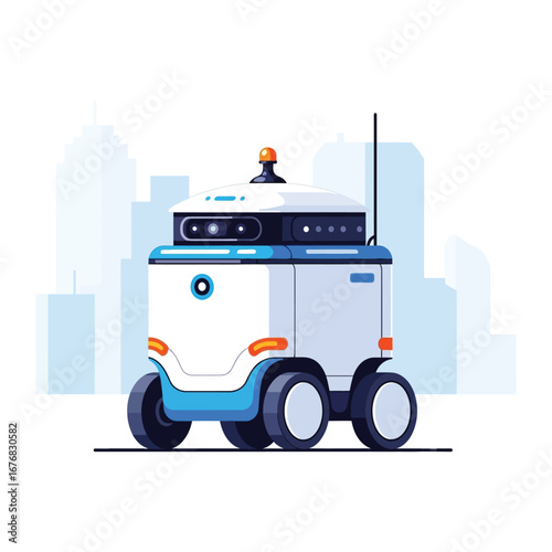 Urban Delivery Robot: A sleek, autonomous delivery robot navigates a modern cityscape, showcasing innovation in logistics and technology.