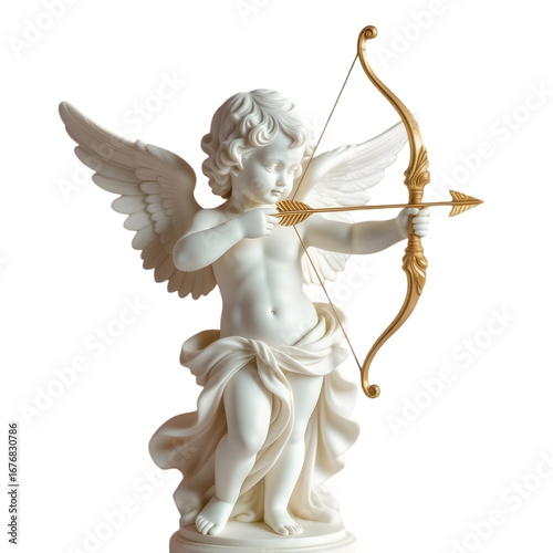 Detailed white marble statue of a winged cupid drawing a golden bow and arrow cherub PNG file download