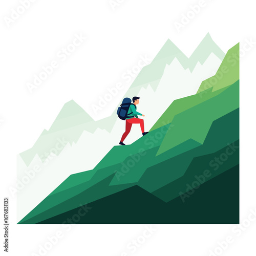 Ascending to New Heights: A determined hiker, silhouetted against a majestic mountainous backdrop, embodies the spirit of adventure.