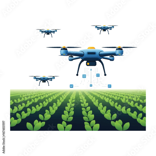 Drones Overseeing Farming: Futuristic illustration depicts agricultural drones precisely managing rows of vibrant crops, showcasing innovative technology and the future of farming. 