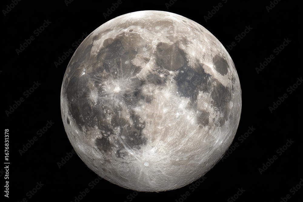 Fototapeta premium Full moon, detailed surface texture, craters, grayscale
