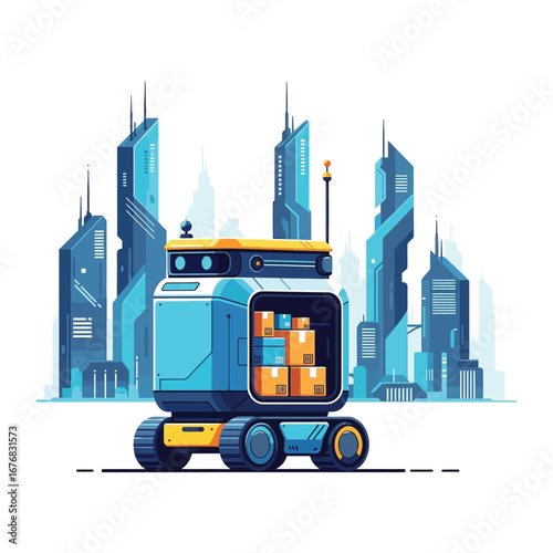 Robotic Delivery Vehicle in Futuristic City: The illustration features a cutting-edge autonomous delivery vehicle navigating a cityscape, promising seamless service.