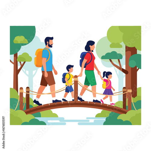 Family Adventure in Nature: A vibrant illustration capturing a family's joyful trek across a wooden bridge amidst the lush greenery of a forest, embarking on a shared adventure.