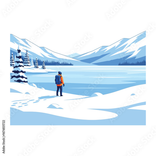 Solo Explorer in Winter Wonderland: A lone hiker stands mesmerized by the serene view of a snow-covered landscape, with majestic mountains, and a frozen lake.