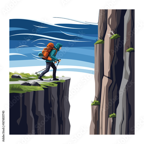 Cliffside Journey: An adventurous hiker navigates a narrow cliffside path, trekking through a mountainous region, representing the thrill of exploration and nature's rugged beauty.