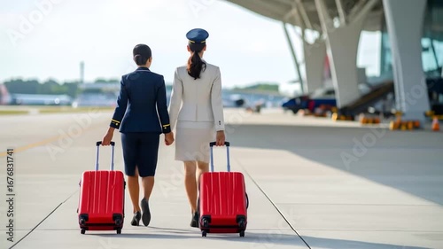 Flight Attendants Walking with Luggage at Airport Terminal