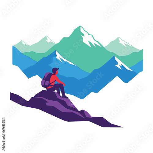 Mountain Solitude: A solitary adventurer sits atop a rocky summit, overlooking a majestic mountain range. This illustration encapsulates the spirit of adventure, exploration.