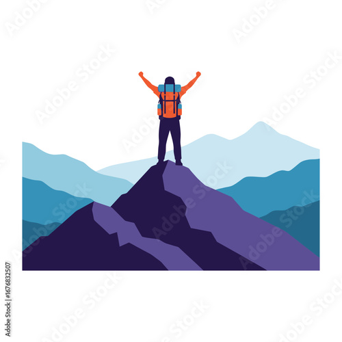 Triumph Over Peak: A lone figure stands triumphant atop a mountain peak, arms raised in a gesture of victory. the adventurer's bold stance against the vast sky evokes a sense of achievement.