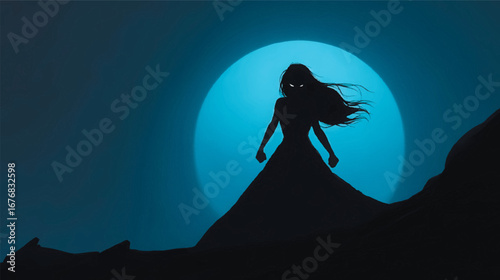 A powerful fantasy woman silhouetted by a blue moon.