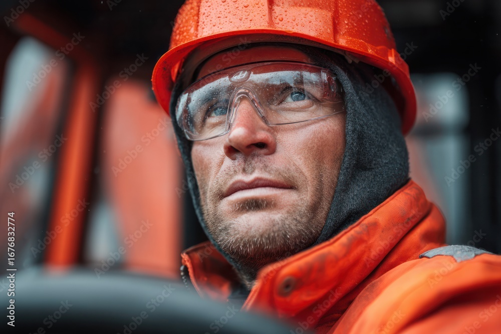 Fototapeta premium Construction worker focused on safety urban site portrait rainy environment close-up professionalism