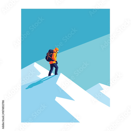 Mountain Ascend: A lone figure, small but determined, conquers the challenging summit of a snow-capped mountain, embodying resilience and the pursuit of personal goals.