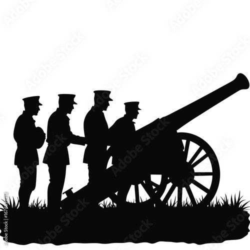 Four soldiers in silhouette operating a cannon military