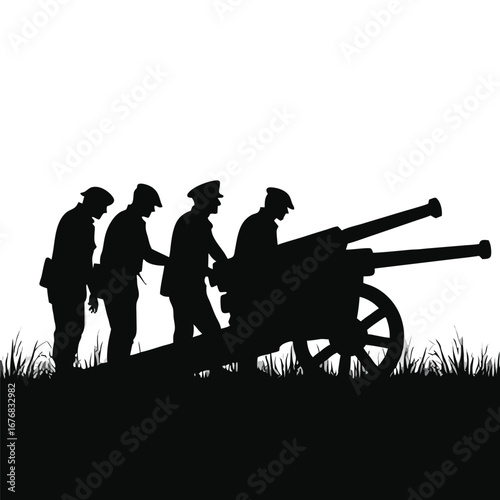 Four soldiers operating an artillery cannon in silhouette