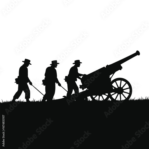 Silhouette of soldiers operating a cannon in a field