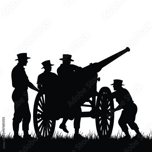 Silhouette of soldiers operating a cannon in grass