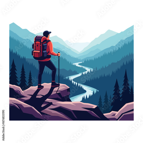 Horizon Explorer: A lone hiker, backpack and pole, ascends a mountain peak, with a breathtaking panoramic view of the valley. The scenery exudes tranquility, aspiration, and exploration. 