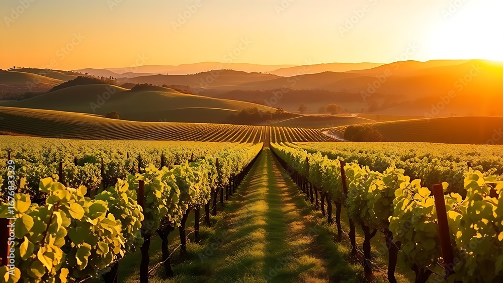 Fototapeta premium Vineyard landscape with orderly grapevines under golden sunlight, featuring distant rolling hills in a peaceful countryside setting.