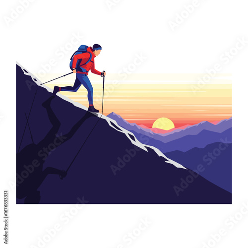 Mountain Ascent: A determined hiker, backpack in tow, conquers a rugged mountain slope against the backdrop of a vibrant sunset, embodying ambition and perseverance.