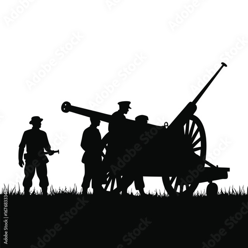 Silhouette of soldiers operating a field artillery cannon
