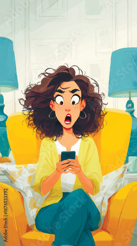 Cartoon of a shocked woman sitting in a chair with her phone.