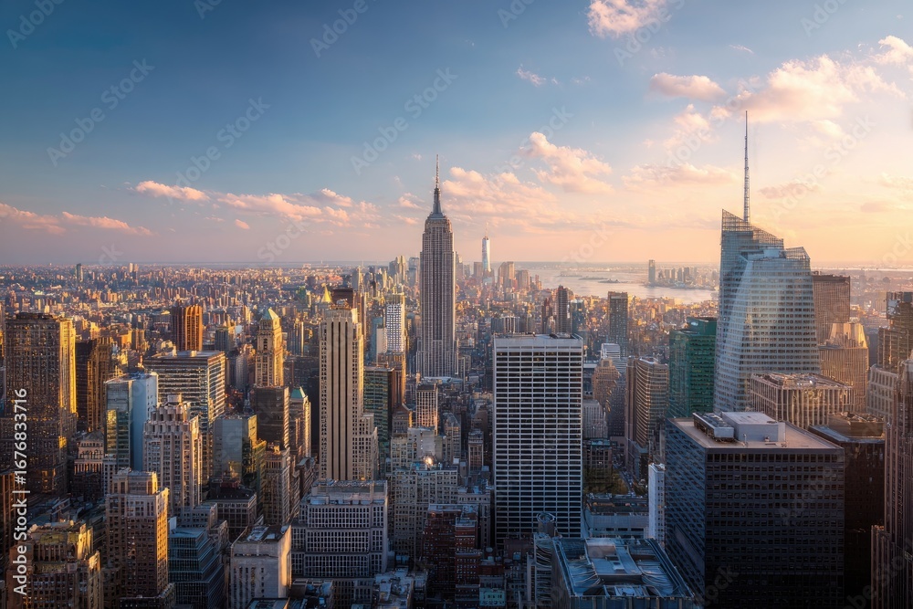 Fototapeta premium Panoramic cityscape view of New York City at sunset