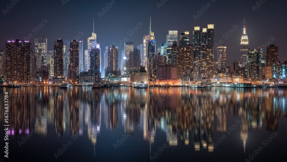 Fototapeta premium Panoramic view of New York City skyline at night, reflected in calm water