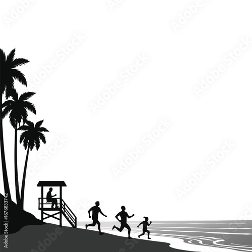 Silhouettes of people running on a beach with palm trees and lifeguard tower