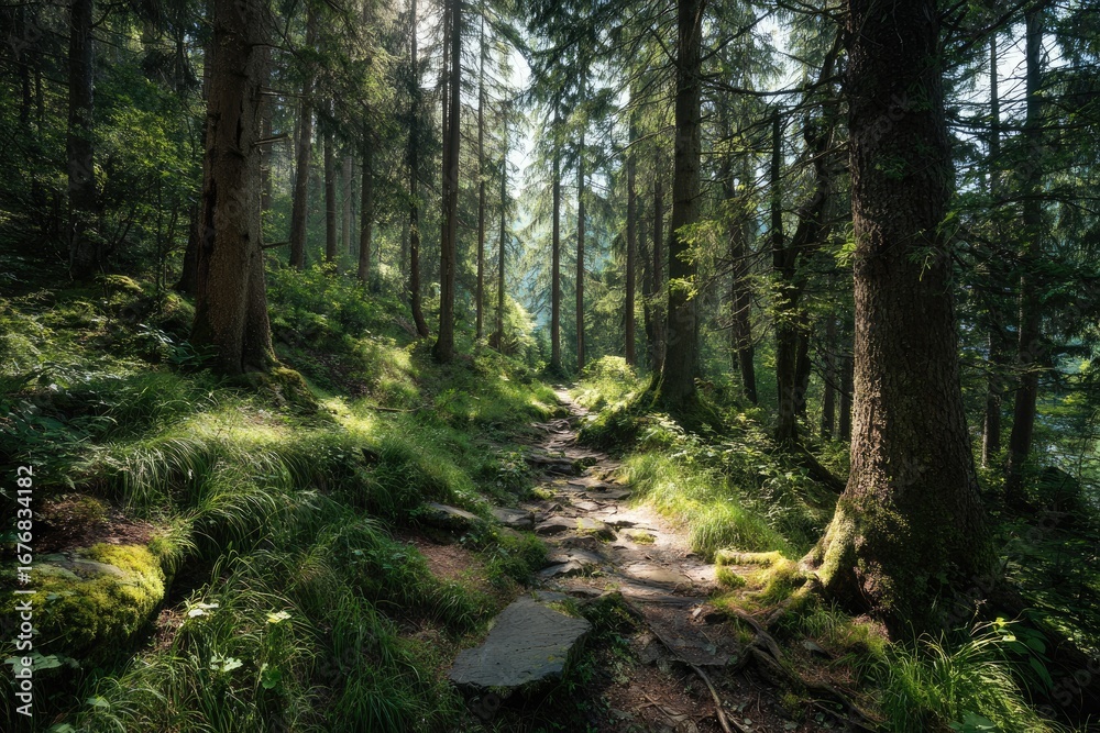 Obraz premium Sunlit forest path winding through lush greenery (1)