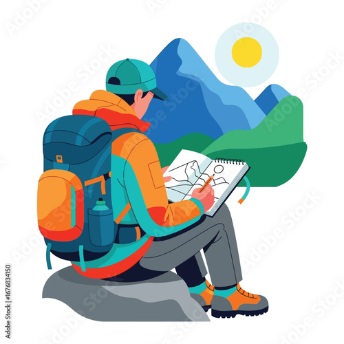 Capturing Nature's Beauty: A solo traveler sketches the magnificent mountain scenery and embraces the solitude. A person with a backpack sits calmly with pencil and paper.
