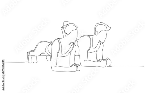 Continuous one line drawing of couple exercising together in plank position, healthy lifestyles between partners or workout companions concept, single line art