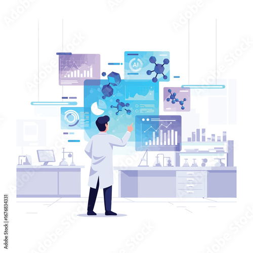 Digital Innovation in the Lab: A focused scientist examines complex data visualization representing scientific discovery and advancements, symbolizing the dynamic innovation within the industry
