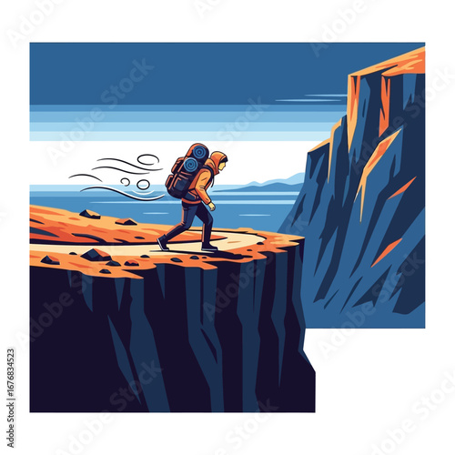Adventurer's Bold Stride: A lone adventurer with a rucksack courageously steps forward on the edge of a dramatic cliff, symbolizing risk-taking, determination.