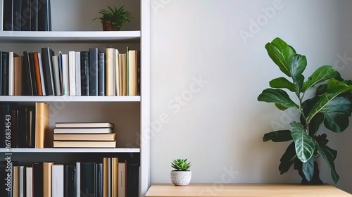 Minimalist white bookcase with neatly arranged books, green plants on top, wooden desk with lush foliage,succulent, soft gray wall background, cozy modern home office decor and stylish zoom background
