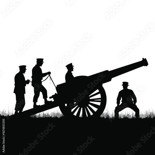 Soldiers operating a large cannon in silhouette military